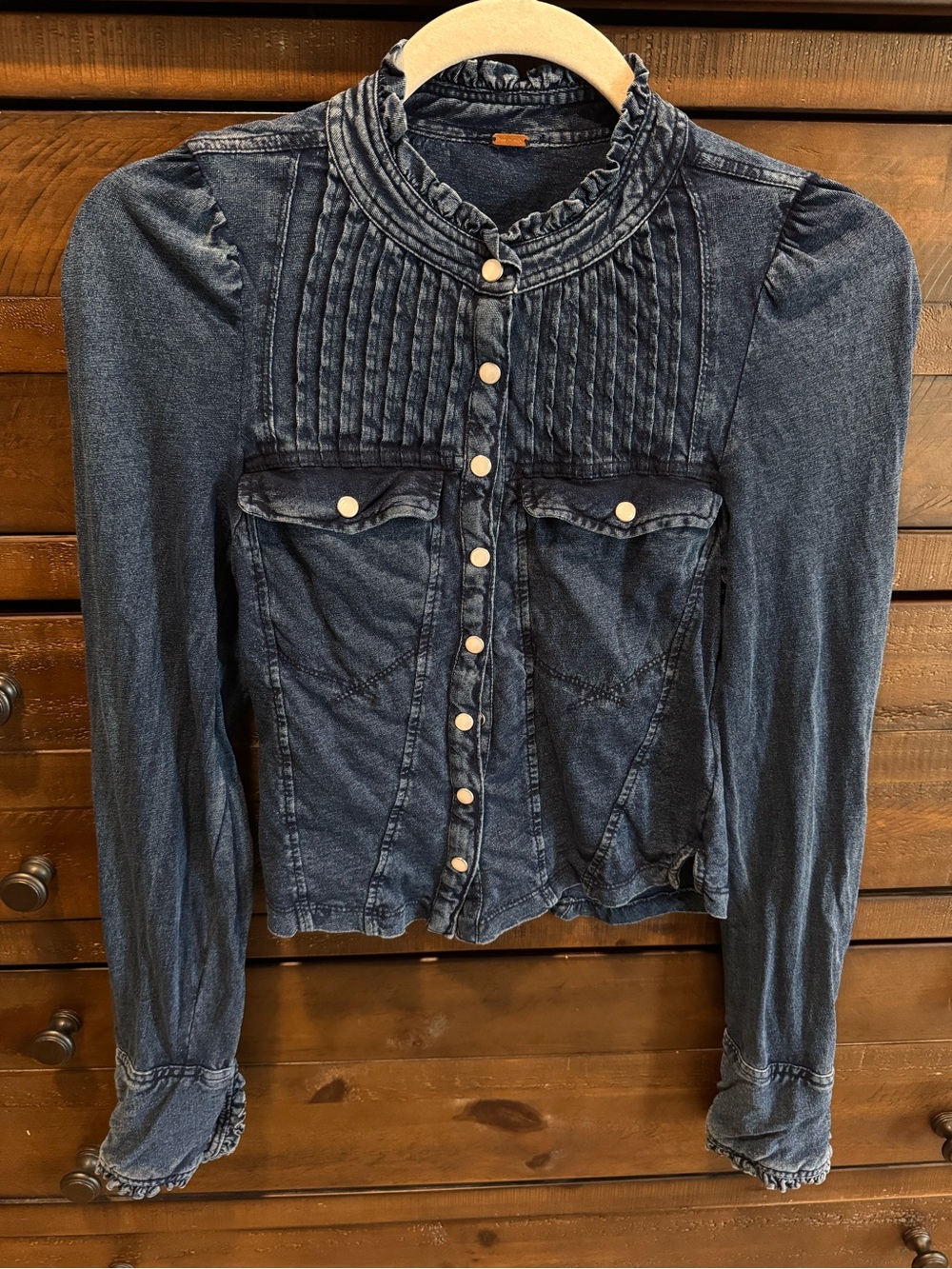 Free People Washed Indigo Ruffle-Neck Denim Top